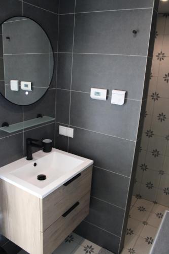 W łazience znajduje się umywalka i lustro. w obiekcie Huis over de dijk w mieście De Kwakel