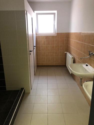 a bathroom with a sink and a toilet and a window at UBYTOVNA SK Posázavan Poříčí nad Sázavou in Poříčí nad Sázavou