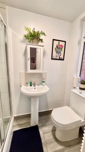 a white bathroom with a toilet and a sink at Deluxe Ensuite Central Cov #6 in Coventry