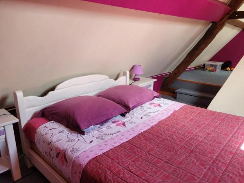 a bedroom with a bed with a pink comforter at La Commère: Gîte dans un cadre champêtre 