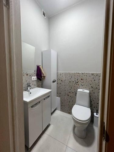 ein kleines Badezimmer mit Toilette und Waschbecken in der Unterkunft РОЙ in Almaty