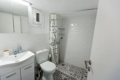 uma casa de banho com um WC, um lavatório e um chuveiro em Μονοκατοικία - The Olive Tree em Lepanto