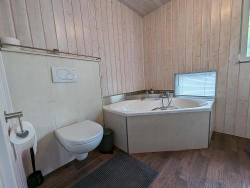 a bathroom with a toilet and a tub and a sink at Hausboot Insel Valentinswerder Berlin in Berlin