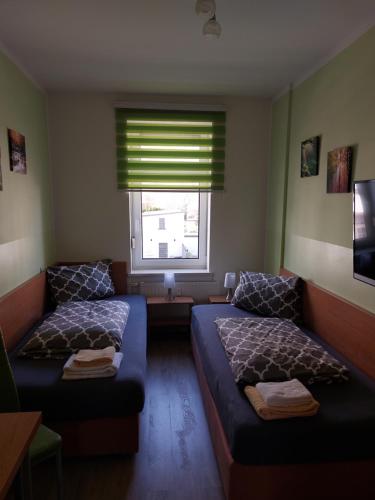 ライプツィヒにあるFerienwohnung Holzhausenのソファ、ベッド、窓が備わる客室です。
