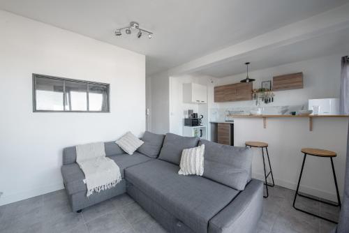 Il comprend un salon avec un canapé gris et une cuisine. dans l'établissement Cosy T2, terrasse privée et Parking, à Toulouse