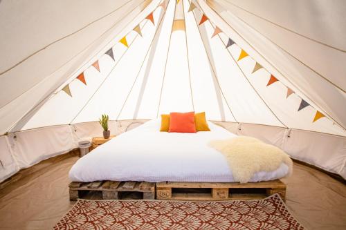 una camera da letto in una tenda con un letto di Boomkamp treehouses a Oostkamp