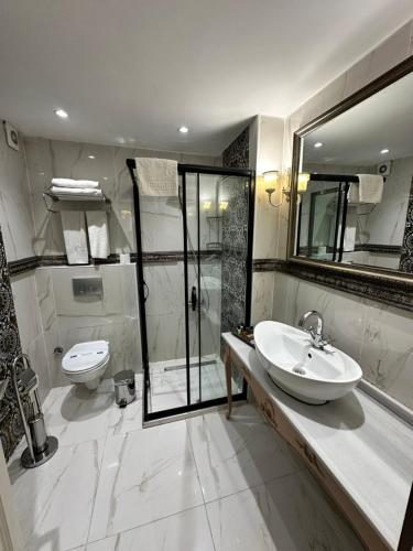 イスタンブールにあるAly Port Hotelのバスルーム(洗面台、トイレ、鏡付)