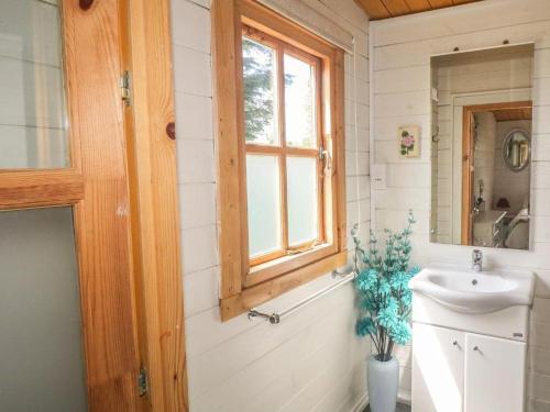 een badkamer met een wastafel en een raam bij Trevenna Cabin in St Austell
