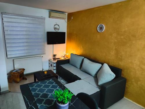 ein Wohnzimmer mit einem Sofa und einem Tisch in der Unterkunft Konak in Kragujevac