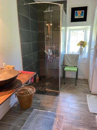 a bathroom with a shower with a glass door at Domaine de l'Atrée - Chambre d'hôtes suite familiale in Saint-Martin-des-Champs