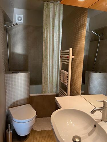 une salle de bain avec toilettes, lavabo et baignoire dans l'établissement Superbe appartement au coeur de Montmartre, à Paris