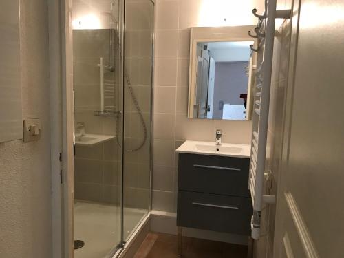 ein Bad mit einer Dusche, einem Waschbecken und einem Spiegel in der Unterkunft royal blue in Argelès-sur-Mer