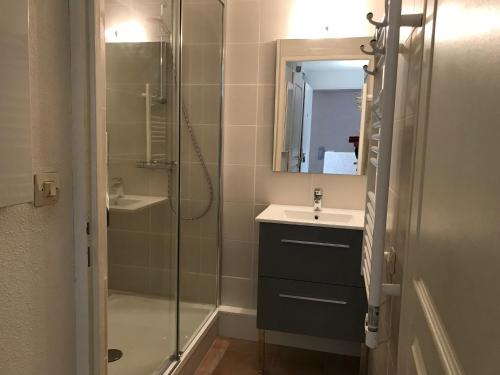 une salle de bain avec une douche, un lavabo et un miroir dans l'établissement royal blue, à Argelès-sur-Mer