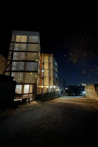 un edificio alto con luces encendidas por la noche en Annaye Apartment, en Addis Ababa