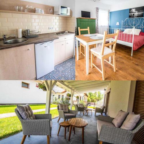 due immagini di una cucina e di un soggiorno di Zier Apartman a Balatonszemes