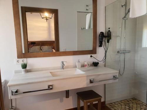 een badkamer met een wastafel, een spiegel en een douche bij CASA RURAL MONTE DE AJUDA in Olivenza