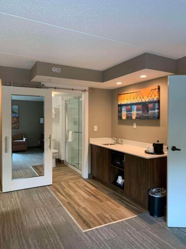 a room with a kitchen with a counter and a bathroom at Hampton Inn Harrisburg-East/Hershey in Harrisburg