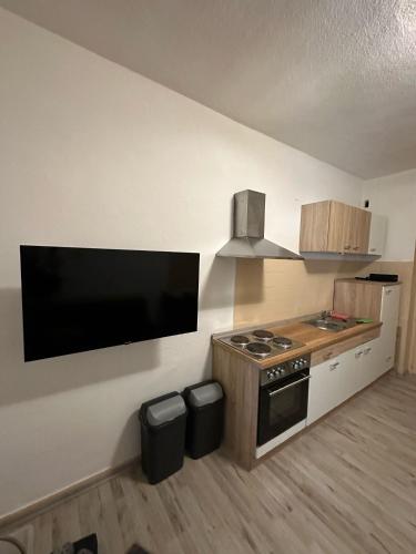 a kitchen with a stove and a tv on the wall at THEOX No 15 für 5 Personen mit Senseo Kaffeemaschine in Duisburg