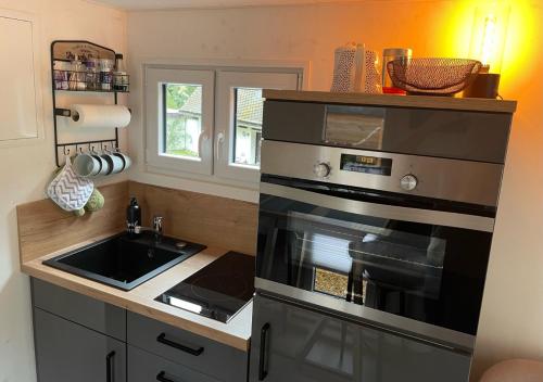 La cocina está equipada con fogones, horno y fregadero. en Tiny House KlitzeKlein am Waldrand von Elpe, en Olsberg