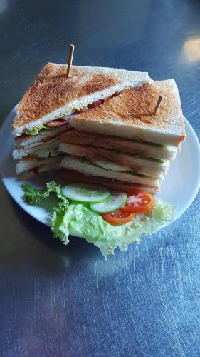 a sandwich is cut in half on a plate at Turtle Eco Beach in Matara