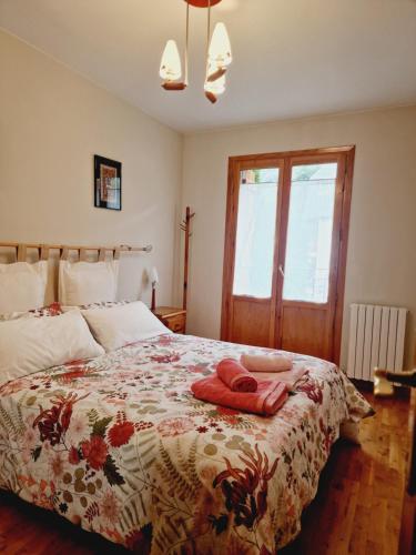 1 dormitorio con 1 cama grande con manta de flores en VALDI-BIESCAS en Biescas