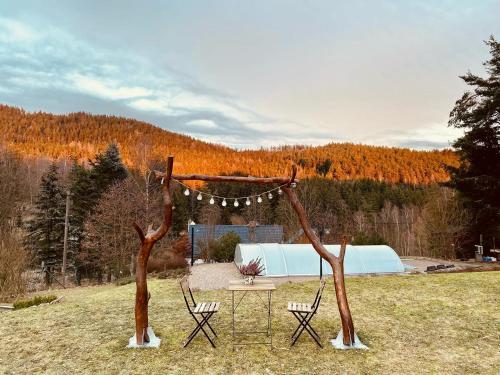 uma mesa e cadeiras num campo com uma tenda em SPA Pod Javory em Nejdek