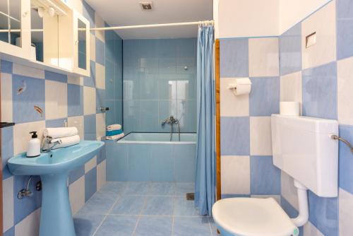 a blue bathroom with a toilet and a sink at Apartments Davor in Banjole