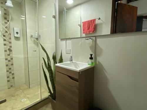 a bathroom with a sink and a shower at Apartarstudio muy bien ubicado, cercano a todo!! in Cali