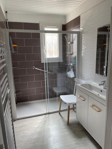 une salle de bain avec une douche, un lavabo et des toilettes dans l'établissement Maison 6 personnes Soulac Climatisée Fibre, à Soulac-sur-Mer
