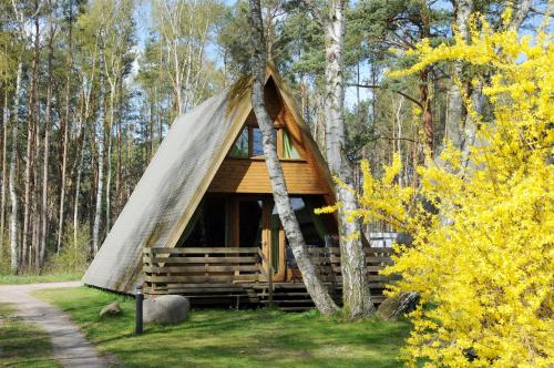 a cabin in the woods with a teepee at Zinnowitz, Finnhütte am Ostseestrand in Zinnowitz