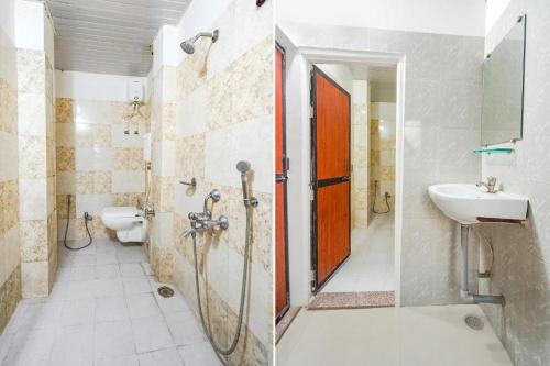 W łazience znajduje się prysznic, umywalka i toaleta. w obiekcie Hotel JK Lions - Koradi, Nagpur w mieście Nagpur