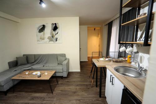 فندق أركام 1  في إسطنبول: مطبخ وغرفة معيشة مع أريكة وطاولة