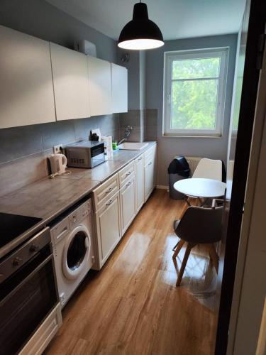 eine Küche mit einer Waschmaschine, einem Tisch und einem Fenster in der Unterkunft Nice 2 Room Apartment - central / VW Werk in Wolfsburg