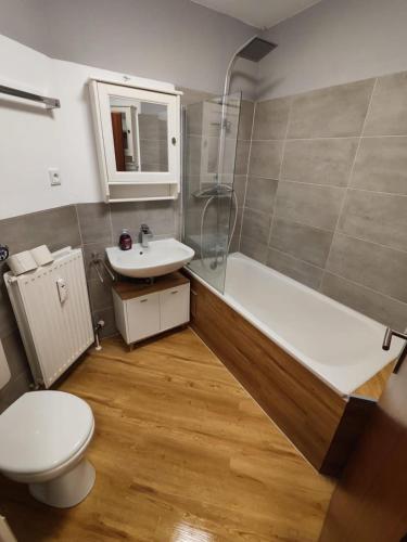 ein Badezimmer mit einem WC, einem Waschbecken und einer Badewanne in der Unterkunft Nice 2 Room Apartment - central / VW Werk in Wolfsburg