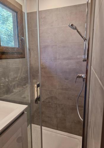 una doccia con una porta in vetro in un bagno di Chalet du Mont Ventoux - Rendez-vous en Provence a Bédoin