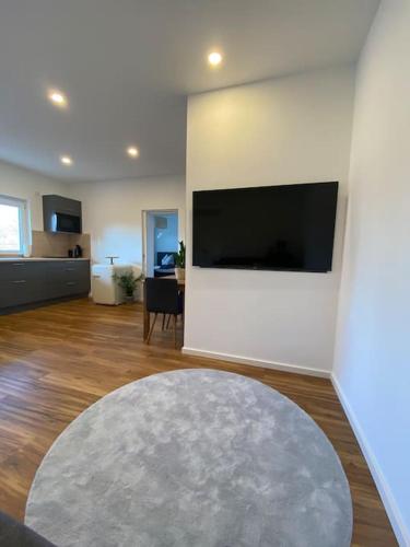 a living room with a large flat screen tv on a wall at LA-Hüttenfeld Erdgeschoss Apartment in Hemsbach