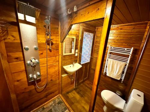 baño de madera con lavabo y aseo en HOUSE OF MIKA, en Ruse