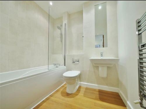 uma casa de banho branca com um WC e um lavatório em Large Two Bed Maisonette next to Station em Brentwood