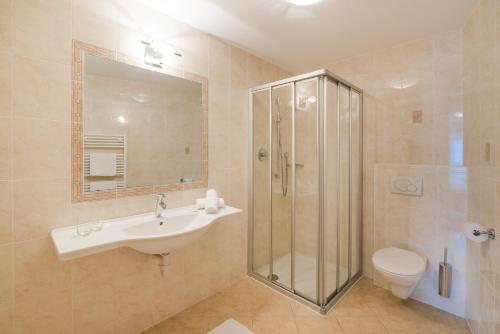 a bathroom with a shower and a sink and a toilet at Hotel Garni Höfler Fernblick in Schenna