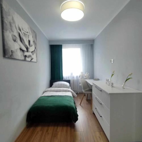 um quarto com uma cama, uma secretária e uma janela em Zielony Makusz em Wałbrzych