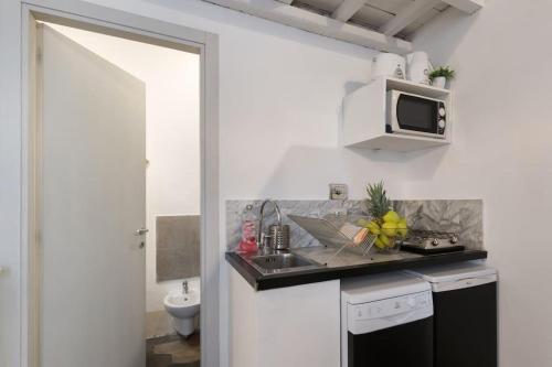 eine kleine Küche mit einer Spüle und einer Mikrowelle in der Unterkunft F5 -Santa Croce one bedroom flat 2 to 4 guests in Florenz