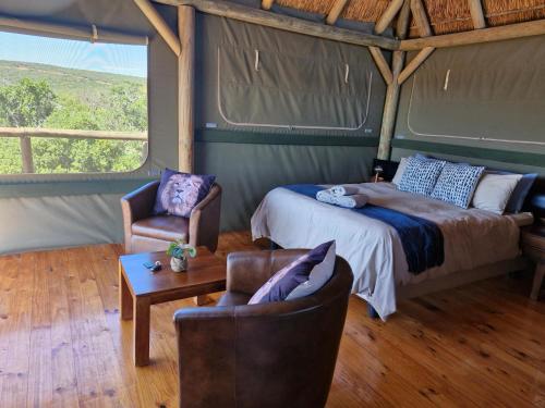 a bedroom with a bed and two chairs and a table at Harmony Luxury Tents & Safari in Addo