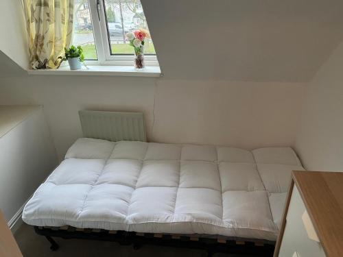 ein weißes Bett in einem Zimmer mit Fenster in der Unterkunft Single room in shared flat Valley Hill, Loughton in Loughton