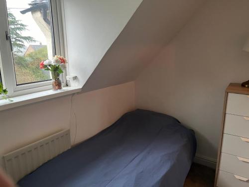a small bedroom with a bed and a window at Single room in shared flat Valley Hill, Loughton in Loughton