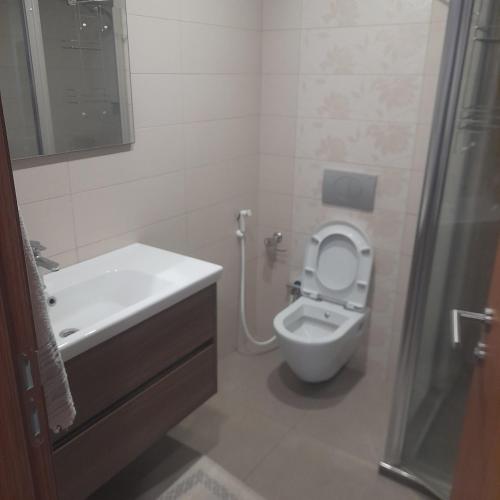 een badkamer met een toilet, een wastafel en een douche bij Papatya park residence in Beylikduzu