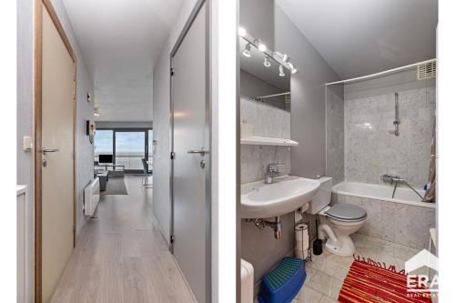 Dos imágenes de un baño con lavabo e inodoro. en Yquem 0601, en Oostduinkerke