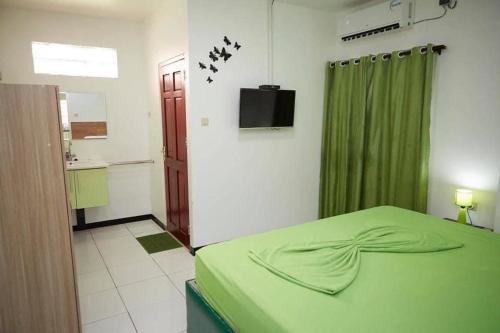 a bedroom with a green bed and a television at Kyon Apartments in Paramaribo
