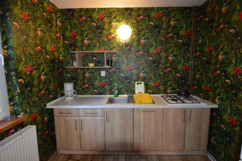 a kitchen with a wall covered in flowers at Domyletnie Pobierowo Dom 100m2 z własną działka in Pobierowo