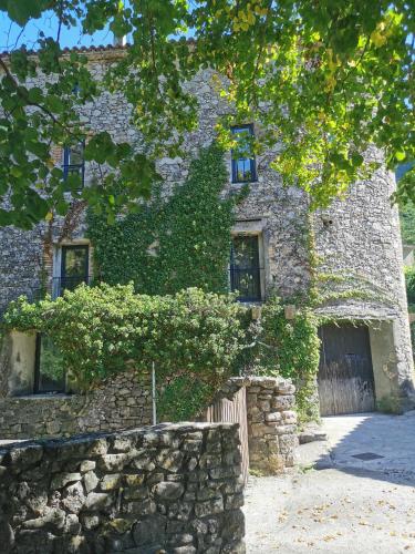 - un vieux bâtiment en pierre avec du lierre dans l'établissement Les sources / chez Léa, à Molières-Cavaillac