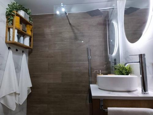 een badkamer met een wastafel en een douche bij Apartamento RyR in Padrón